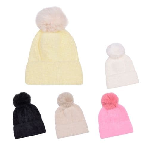 Kids pom pom brushed fur beanie hat