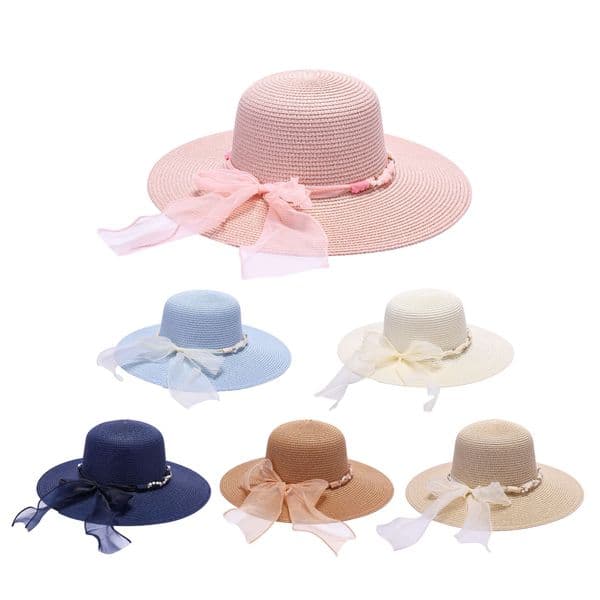 Ladies Straw pearl chain strap Sun hat