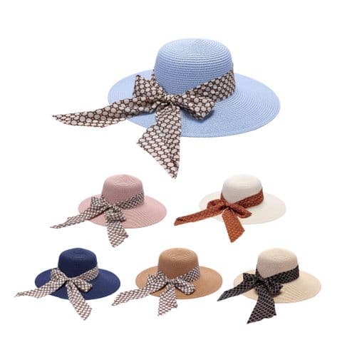 Ladies Straw Sun hat floral polka Style band
