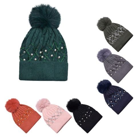Pearl Zigzag Pompom Beanie Hat