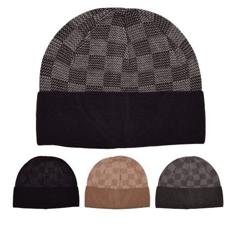 Soft Feel Checked Style Turnup Beanie Hats
