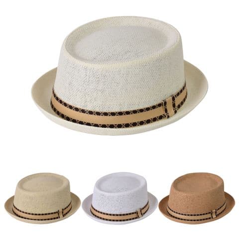 Summer Paper Straw Beige Cross Band Porkpie Hat