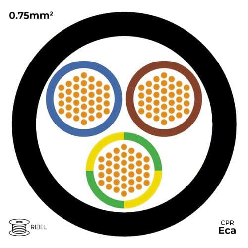 Quality Connectivity H05VV-F 3183Y 3 Core 0.75mm Mains Flexible Cable PVC Eca (100m Reel)