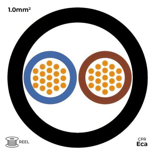 Quality Connectivity H05Z1Z1-F 3182B 2 Core 1.0mm Mains Flexible Cable LSZH Eca Black (100m Reel)