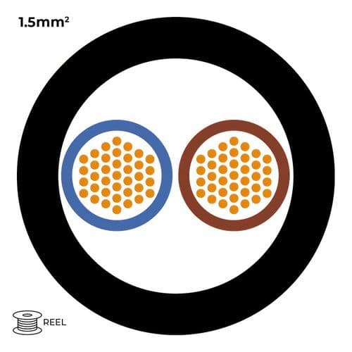 Quality Connectivity H07RN-F 450V/750V 2 Core 1.5mm Heavy Duty Rubber Trailing Cable Black (Reel)