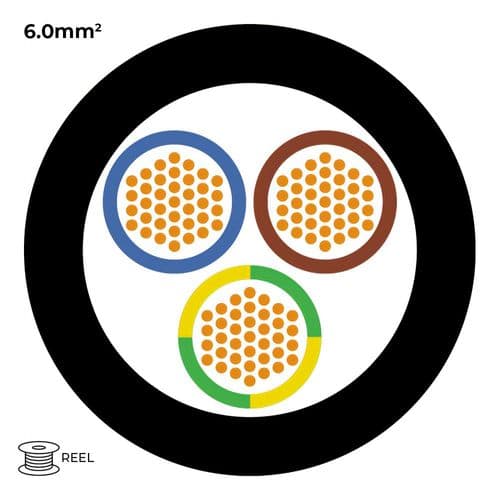 Quality Connectivity H07RN-F 450V/750V 3 Core 6.0mm Heavy Duty Rubber Trailing Cable Black (Reel)