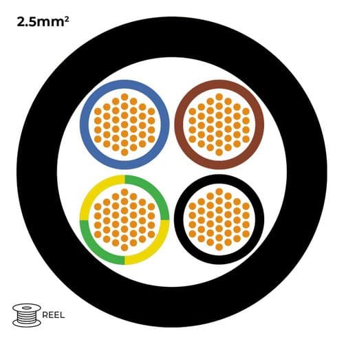 Quality Connectivity H07RN-F 450V/750V 4 Core 2.5mm Heavy Duty Rubber Trailing Cable Black (Reel)
