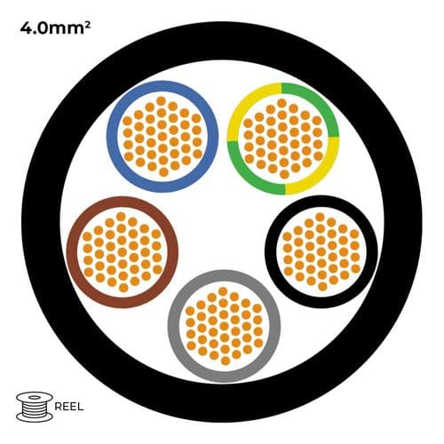 Quality Connectivity H07RN-F 450V/750V 5 Core 4.0mm Heavy Duty Rubber Trailing Cable Black (Reel)