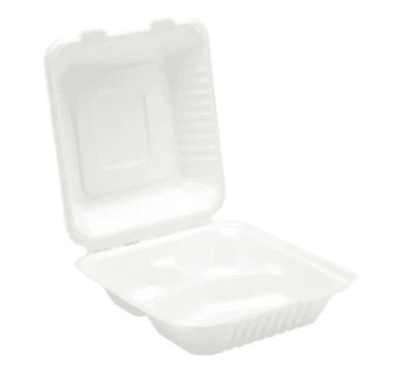9" Bagasse White Lunch Box Clamshell 3 Compartments - Takeaway Food Container