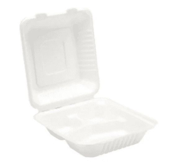 9" Bagasse White Lunch Box Clamshell 3 Compartments - Takeaway Food Container