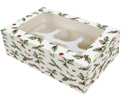 Vintage Holly Christmas 6 or 12 Hole Cupcake Boxes