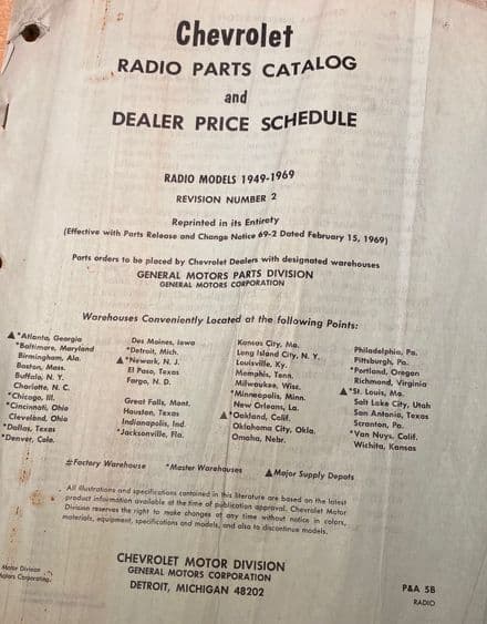 1949-69 Chevy RADIO Illustration & Parts Catalog 1949 thru 1969 , rare history source .