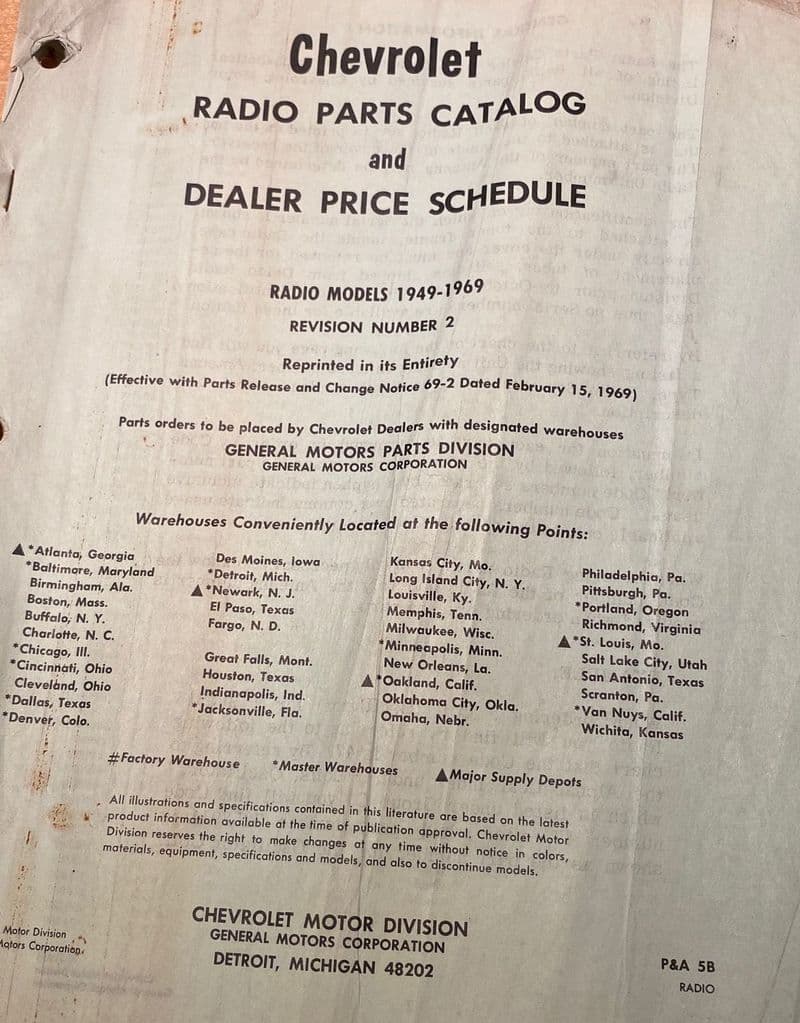 1949-69 Chevy RADIO Illustration & Parts Catalog 1949 thru 1969 , rare history source .