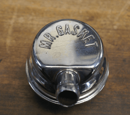 1955-79 Valve Cover Vent Cap,Chrome,75mm Dia,25mm Bore,15mm Top Vent Pipe,Mr Gasket,Used