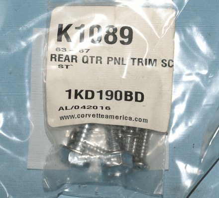 1963 - 1967 C2 Corvette Rear Quarter Panel Trim Screws Coupe K1089, New,