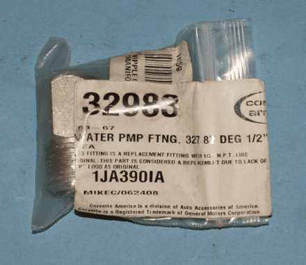 1963-1967 Corvette C2 Water Pump Fitting 87 Degree 1/2" NPT, 32983, Box F, New