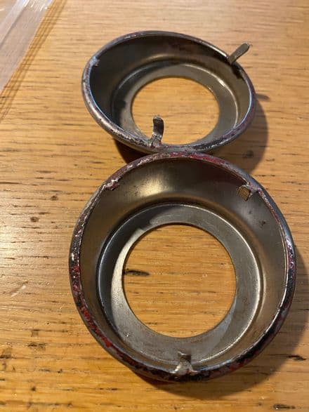 1963-64 Pair tab-missing useable C2 3863688 Window Winder Bezel Spacer,Stainless Steel,Used