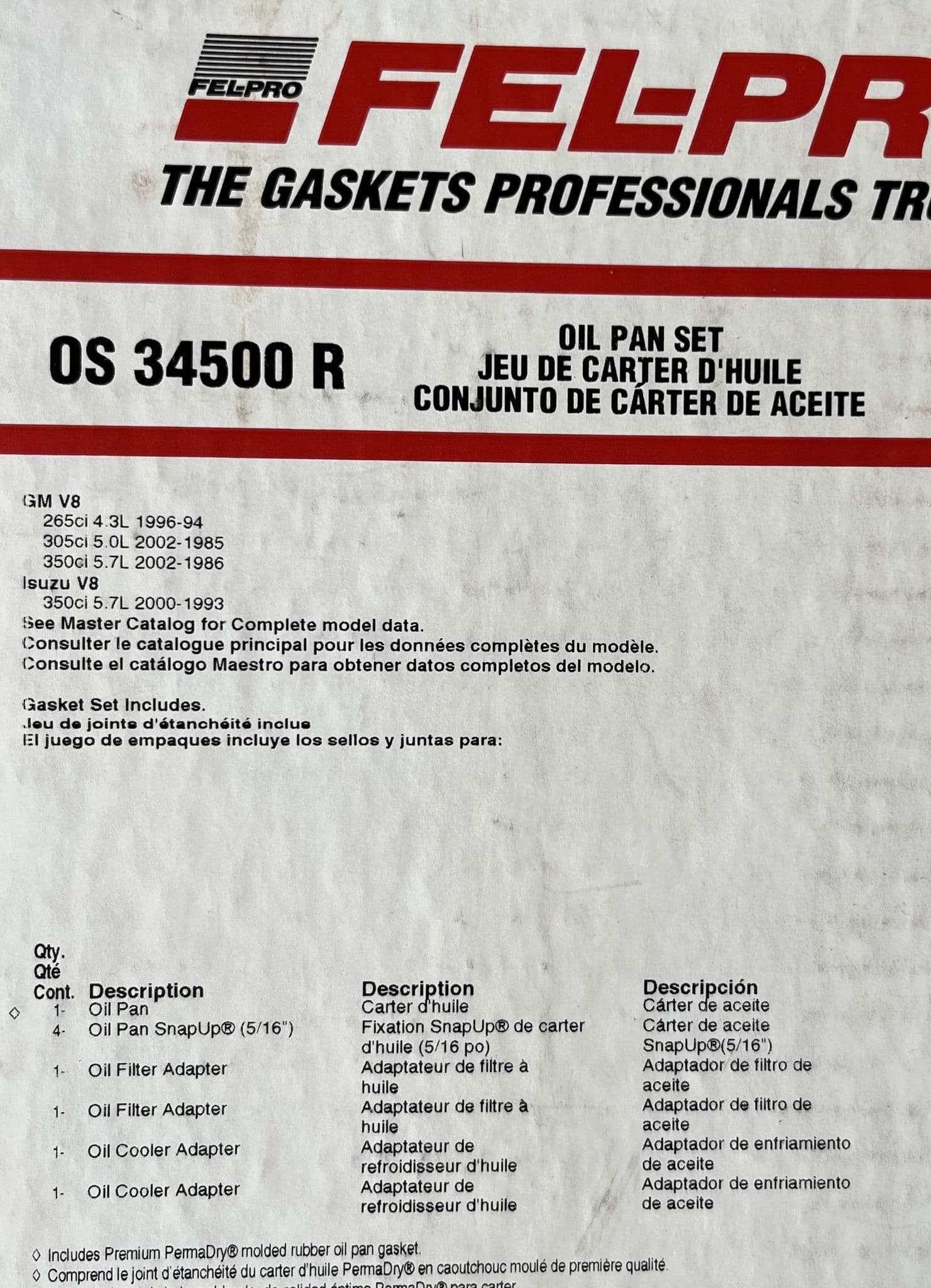 1986L1996 Corvette C4 Oil PAN Sump Gasket Kit Fel Pro OS34500R NewL