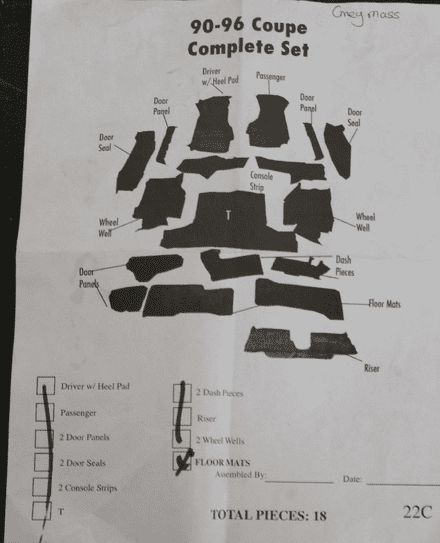 1990-1996 Corvette C4 Coupe ,Full 18-piece Interior Carpet Set,Gray,New