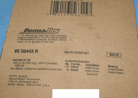 1992-1996 Corvette C4 Valve Cover Gasket Set With Grommets, Fel-Pro VS50443, New