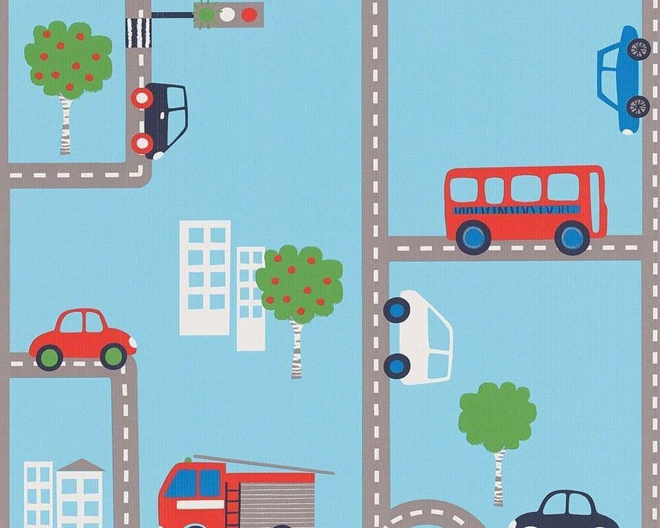BOYS BLUE TRANSPORT CARS BUS ROAD MAP TEXTURED WALLPAPER A S CREATION