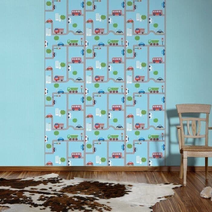BOYS BLUE TRANSPORT CARS BUS ROAD MAP TEXTURED WALLPAPER A S CREATION
