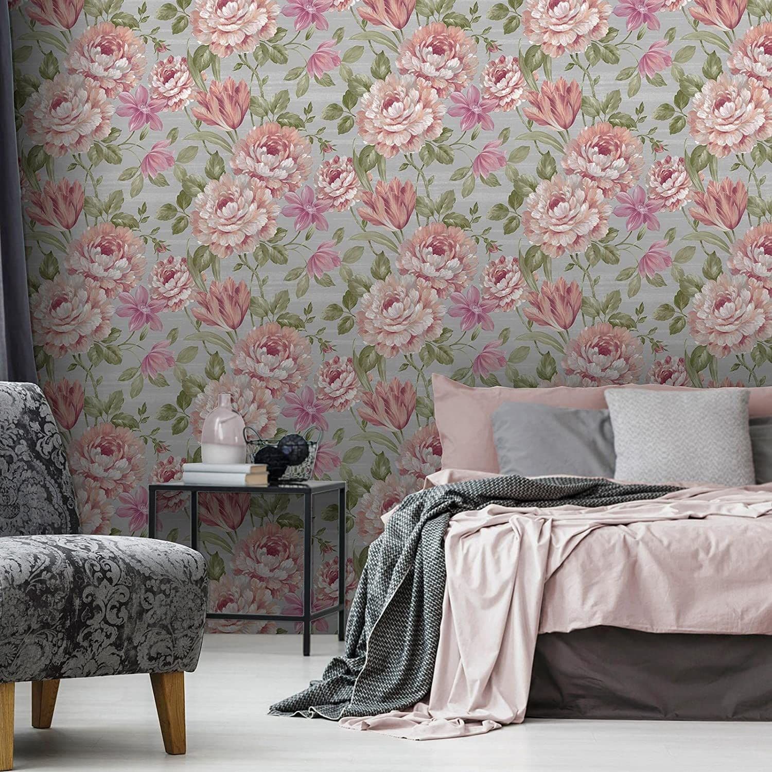 FAYRE FLORAL PINK/GREY MURIVA HEAVYWEIGHT VINYL WALLPAPER 194301