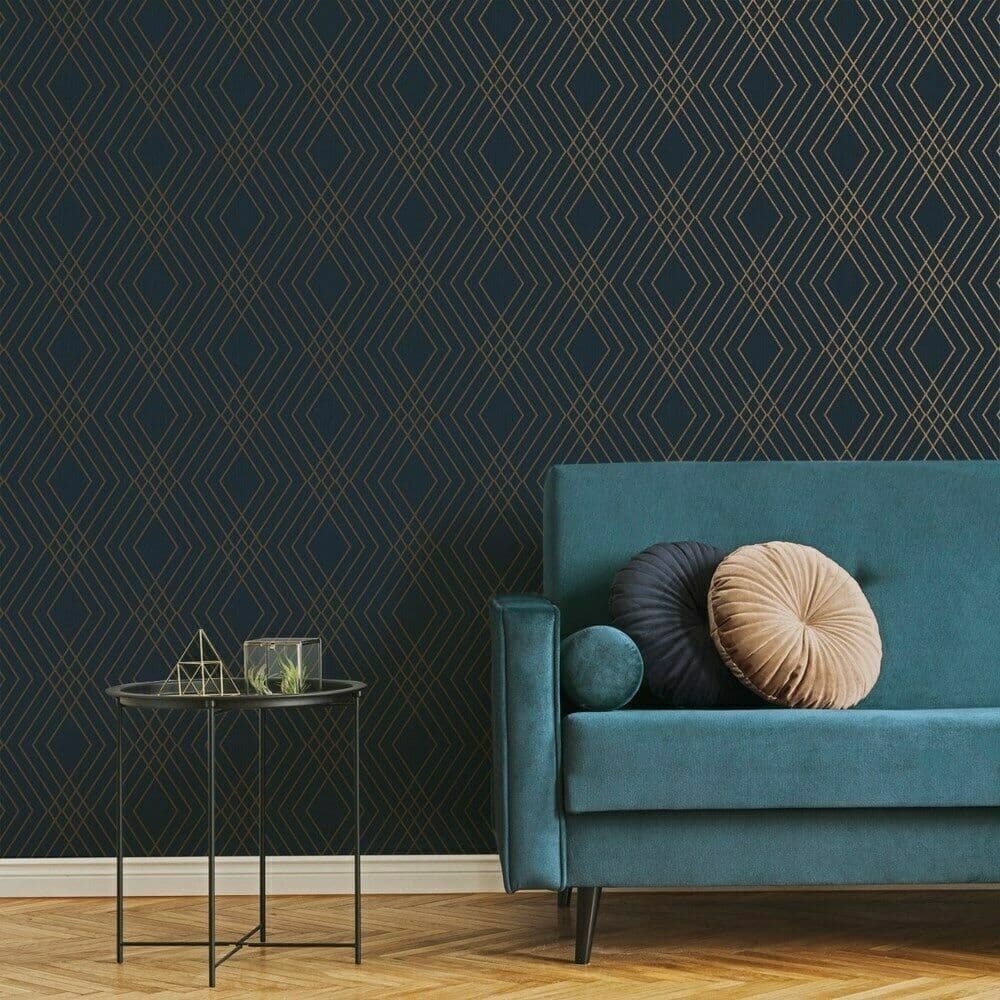 FINE DECOR SHARD TRELLIS NAVY BLUE GOLD GEOMETRIC METALLIC WALLPAPER