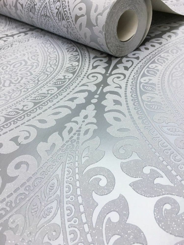 GRANDECO KISMET SILVER GLITTER DAMASK LUXURY DESIGNER FEATURE WALLPAPER A17703