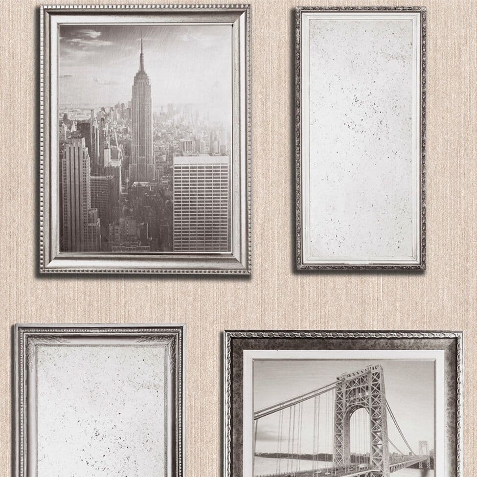 HEAVYWEIGHT VINYL SOFT GOLD NEW YORK CITY FRAMES MURIVA FEATURE WALLPAPER 701337