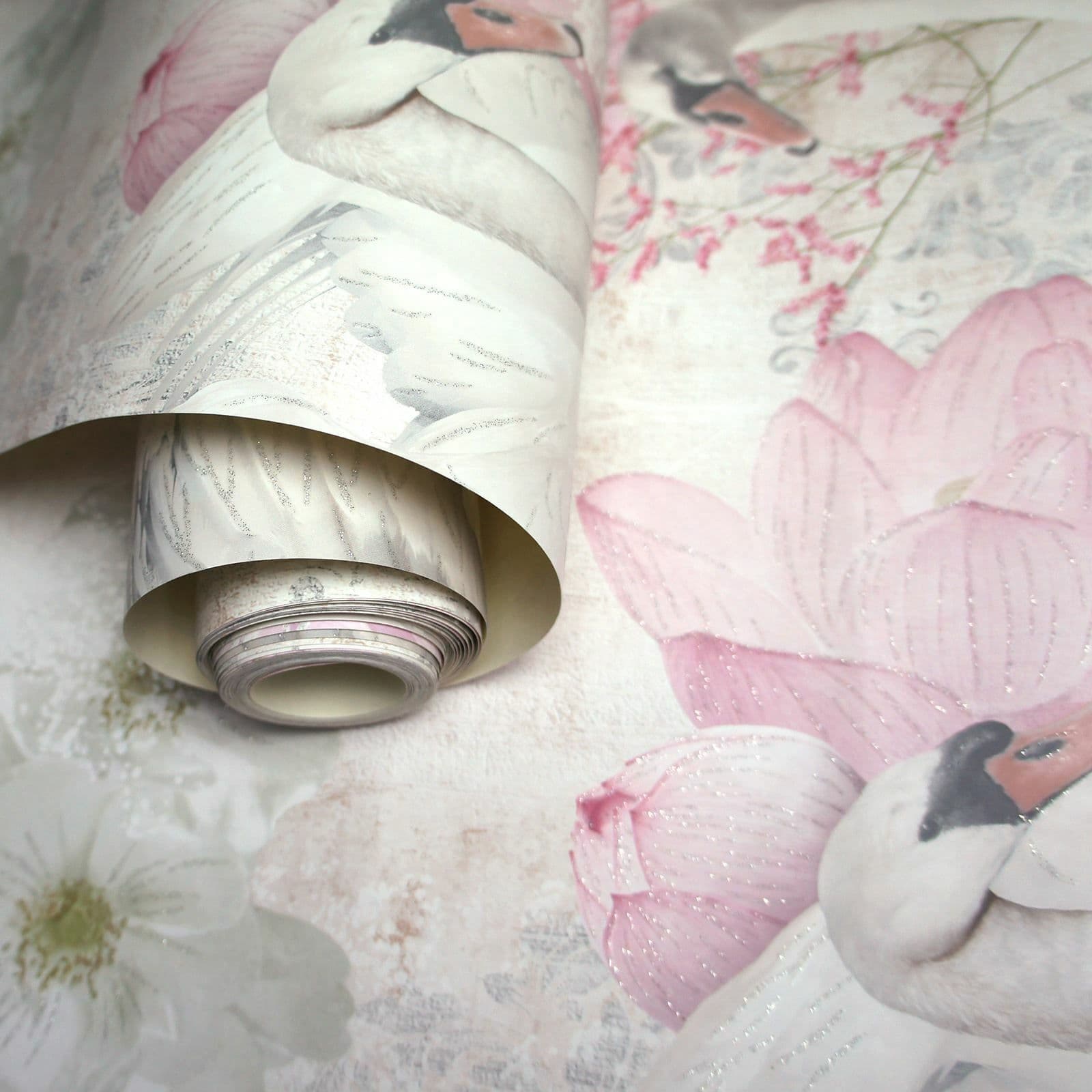 HOLDEN GLITTER SWANS WALLPAPER PINK WHITE PASTEL FLORAL ELEGANT 90700