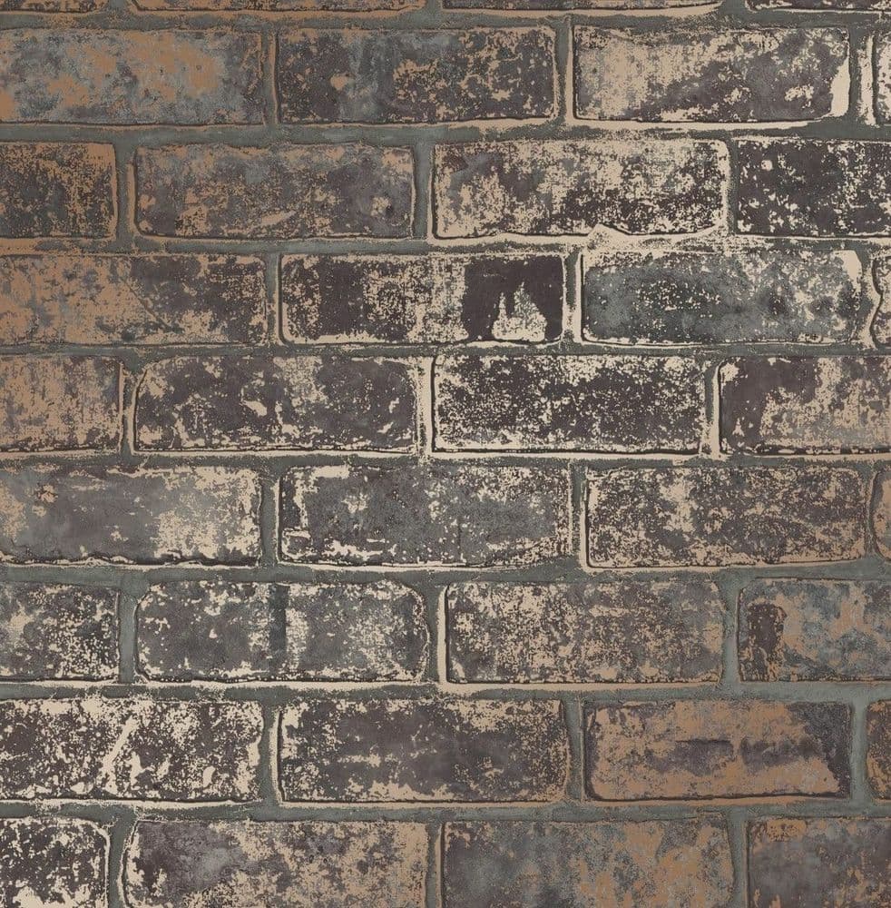 METALLIC COPPER BLACK BRICK FEATURE WALL WALLPAPER FINE DECOR FD41955