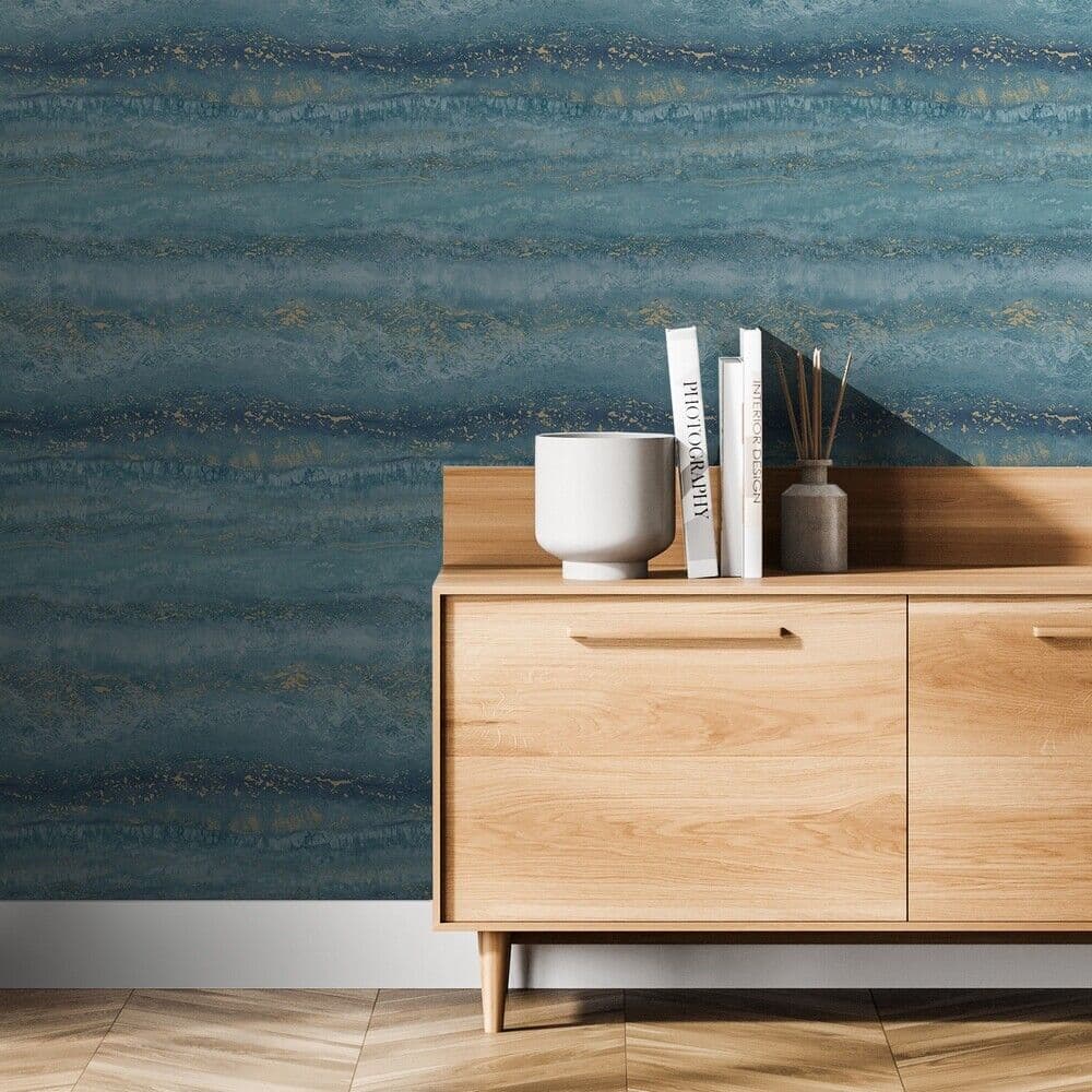 MURIVA SEMPER MARBLE TEAL GOLD WALLPAPER FEATURE METALLIC GRANITE STONE