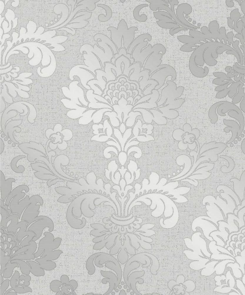 QUARTZ METALLIC SILVER GLITTER GREY DAMASK VINYL WALLPAPER FINE DECOR