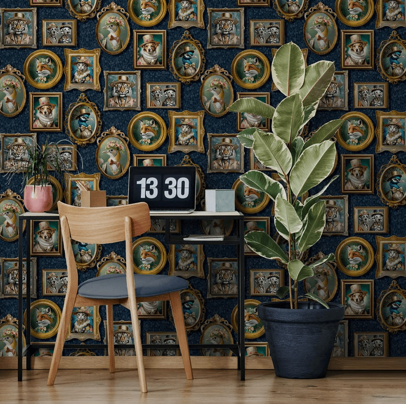 QUIRKY REGAL BEASTS NAVY ANIMAL FRAMES FEATURE WALLPAPER HOLDEN DECOR 13791