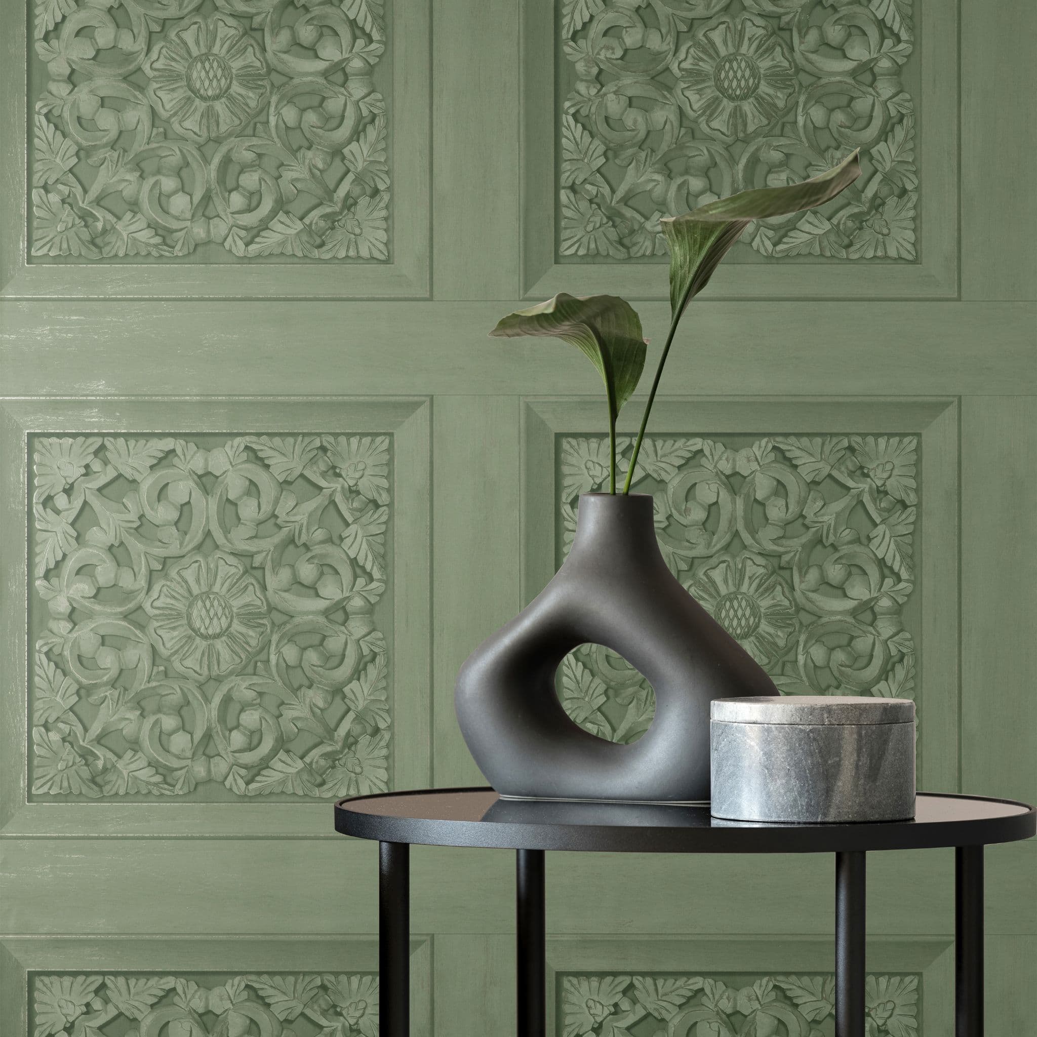 SAGE GREEN PANEL WALLPAPER WOOD WALL DOOR FEATURE LUXURY DESIGNER FD43276