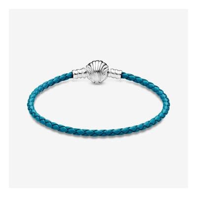 (19cm ) Pandora Moments Seashell Clasp Turquoise Braided Leather Bracelet+box