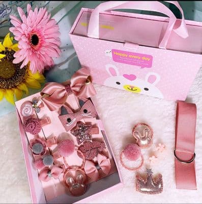 18pcs Girls Hair Accessories Boxed Gift Set  Korean Pink