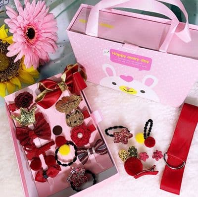 18pcs Girls Hair Accessories Boxed Gift Set  Wine Red