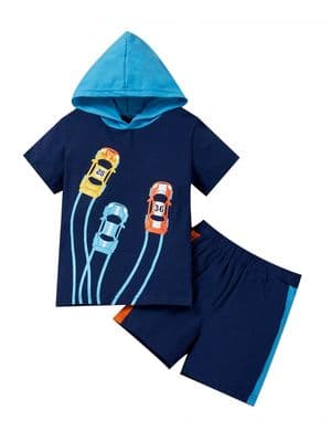 2 PCS Boy Car Print Hooded Top & Shorts Set