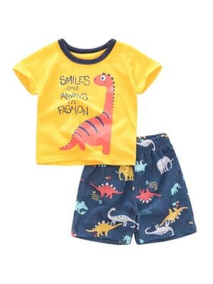 2 PCS Boy Set Smiles Are Always In Fashion Top With Dinosaur Shorts