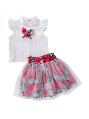 2 Pcs Kid Girl Floral Mesh Skirt Set