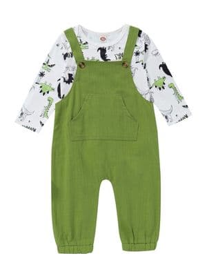 2 Pieces Baby Boy Dinosaur Bodysuit Matching Green Suspender Pants Set