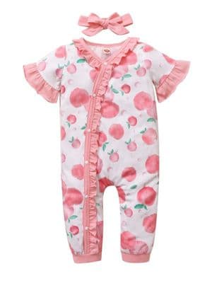 2 Pieces Baby Girl Flared Sleeve Peach Pattern Jumpsuit & Headband