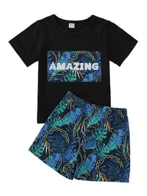 2 Pieces Boy Amazing Plant Chain Print Set Tee & Shorts