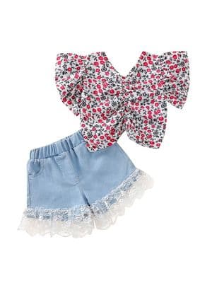 2 Pieces Kid Girl All over Floral Print Top With Lace Decor Denim Shorts Set
