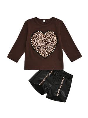 2 Pieces Kid Girl Love Heart Top With PU Shorts Set