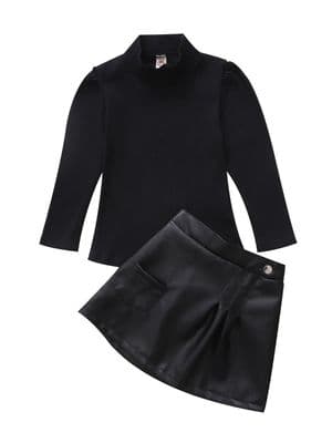 2 Pieces Kid Girl Roll Neck Ribbed Top And PU Skirt Set