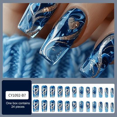 24pcs Long Coffin Press On Nail Gold Glitters Heart Design False