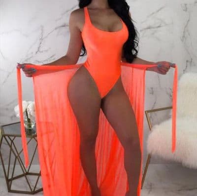 2PCS One-Piece Swimsuit With Sheer Mesh Cover Up